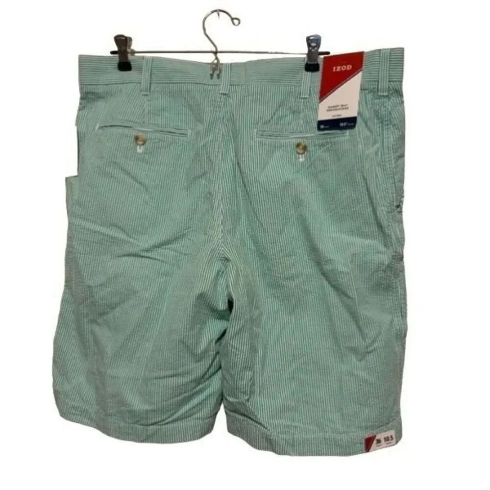 Izod Sandy Bay Seersucker Size 36 Green & White Flat Front Shorts *New*